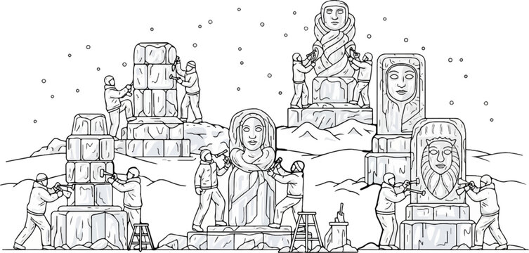 Sculptors create large ice statues of faces in falling snow