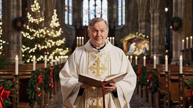 Priest in white vestment holds open book, ready for Christmas service in festive church with glowing trees and candles