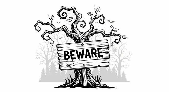 Spooky tree with a "BEWARE" sign and bats flying overhead in a dark forest