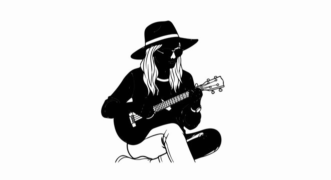 Silhouette of a person with a hat and sunglasses playing a ukulele