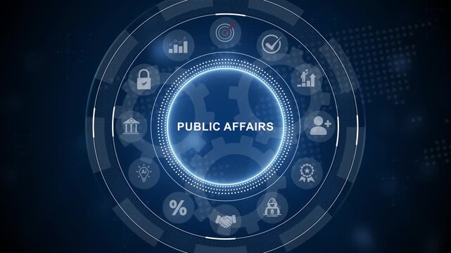 Public Affairs concept with Digital Icons Illustrating Modern Technology Applications in Business and Industry. 3d Motion graphics of technology icon interface background