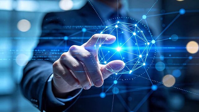 Businessman interacting with futuristic digital interface holographic network globe data connectivity cloud computing AI technology innovation corporate strategy global,video