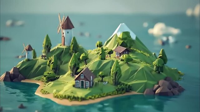 windmill village on an island in 3D isometric low poly clay style 4K Videos