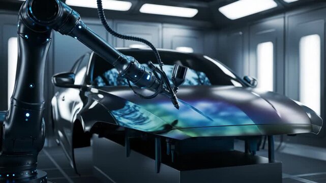 Automated robotic arm painting car body with spray gun in automotive factory. Vehicle assembly line with robotic arm. Car manufacturing, modern industry, technology concept.