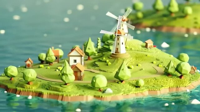 windmill village on an island in 3D isometric low poly clay style 4K Videos