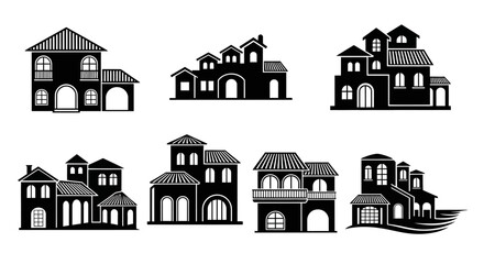 Fototapeta premium Set of Black and White Silhouettes of European Style Houses and Buildings
