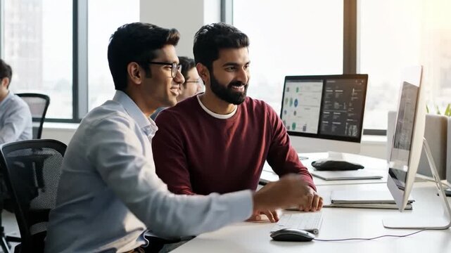 Software Developers Collaborating At Desk. Two Programmers Working Jointly On Computer In Office Setting. Team Of Developers Engaged In Collaborative Coding And UI Review During Work Hours