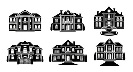 Fototapeta premium Set of Black and White Silhouettes of Luxury Mansions and Estates