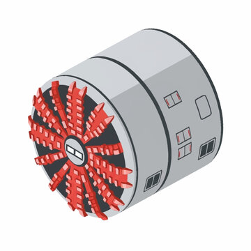 Isometric illustration of a Tunnel Boring Machine (TBM) with a large cutting head featuring numerous red cutting tools.