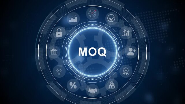 MOQ text and global network connections financial icons business growth concept. virtual network connecting service with graphical. 3d Motion graphics of technology icon interface background