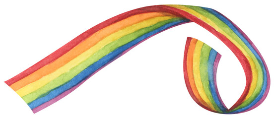 Obraz premium Rainbow ribbon pride illustration, colorful stripes wavy ribbon swirl corner decor background, pride month celebration symbol. Watercolor illustration.