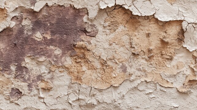 Close-up abstract texture of weathered plaster wall with peeling paint in earthy tones of brown beige and white revealing layers of decay and grunge in natural light