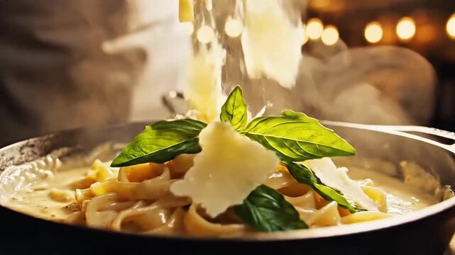 Cinematic macro footage of wide fettuccine pasta coated in luxurious cream sauce being gently tossed inside a hot pan, chef stirring noodles with stainless steel tongs, 