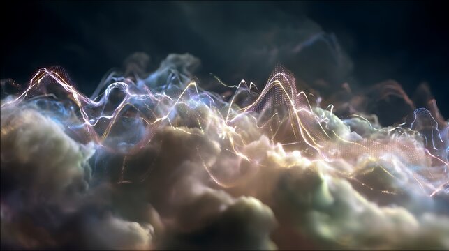 3D ECG heartbeat pulses glowing in dark swirling smoke waves medical concept