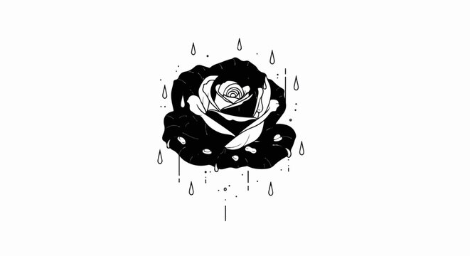 Stark black rose with white petals, surrounded by falling water droplets