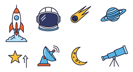 Space icons with rocket and telescope 10.