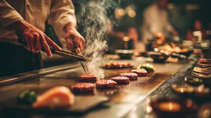 Fototapeta premium Chef expertly grilling premium meat cuts on a sizzling iron plate, crafting a luxurious dish for diners