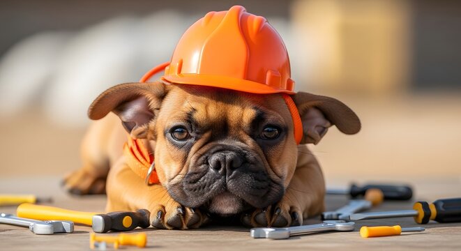 A brown dog wearing an orange hard hat lying on the ground