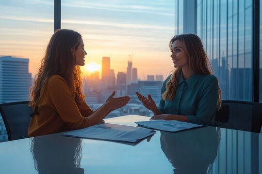 two businesswomen conversing across a glass conference table with documents at sunset overlooking a city skyline, engaged and thoughtful discussion