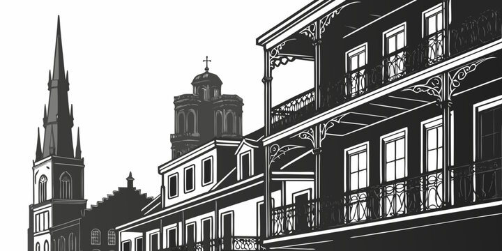 USA, US, U.S, United States - New Orleans French Quarter skyline balcony silhouettes monochrome travel poster