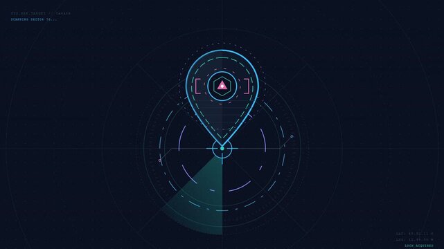 Futuristic digital interface animation showcasing an advanced holographic location pin marker and a dynamic radar scanning effect on a dark grid
