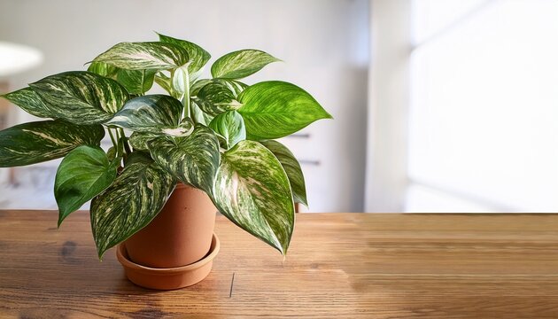 tropical epipremnum aureum marble queen pothos houseplant with white variegation in flower pot on wooden table