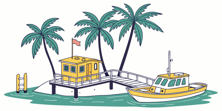 A yellow boat and building on a small island with palm trees Vector