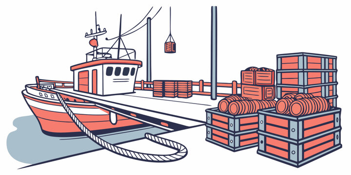 A fishing boat loading crates of fish Vector