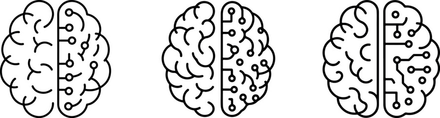 Naklejka premium Human brain icon vector set, half brain with circuitry design, neural network and artificial intelligence concept, outline smart technology