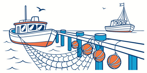 Boats are docked at a pier with fishing nets Vector © Adobe 
