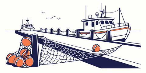 A fishing boat with nets and buoys on the dock Vector © Adobe 