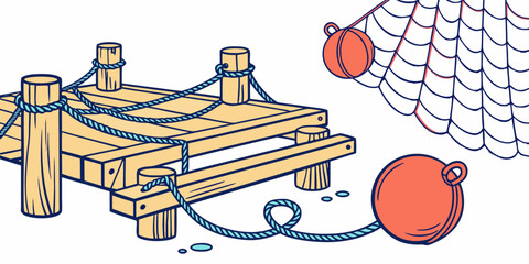 A wooden trap with a net and several orange buoys Vector © Adobe 
