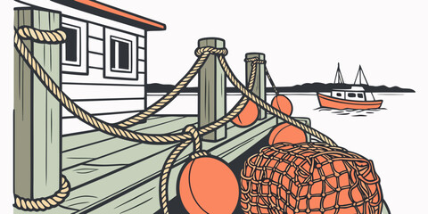 A wooden dock with ropes and buoys Vector © Adobe 