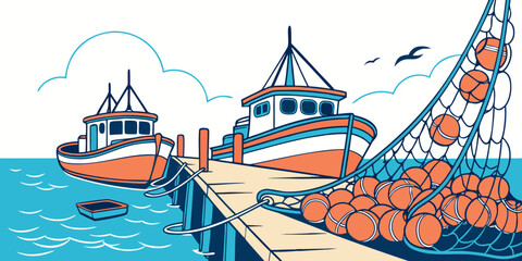Boats are docked at a pier by the water Vector © Adobe 