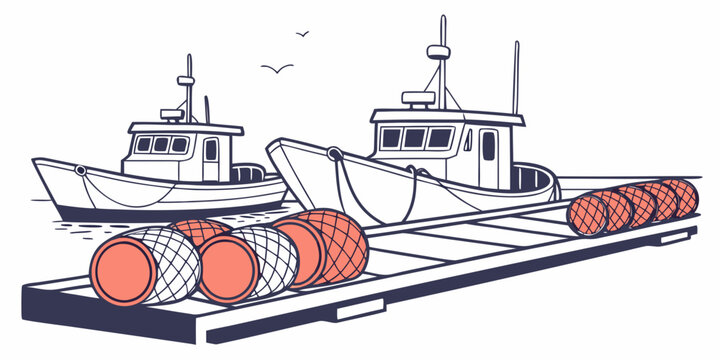 A boat on a barge with barrels Vector