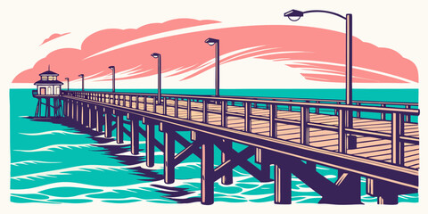 Naklejka premium A wooden pier extending into the ocean Vector