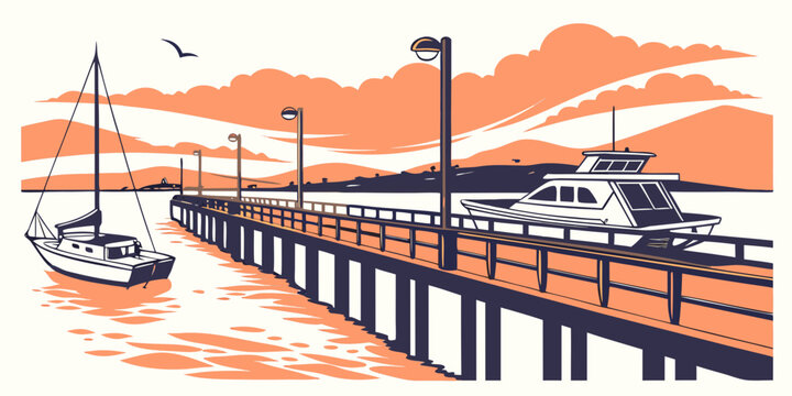 A pier with a boat docked at sunset Vector