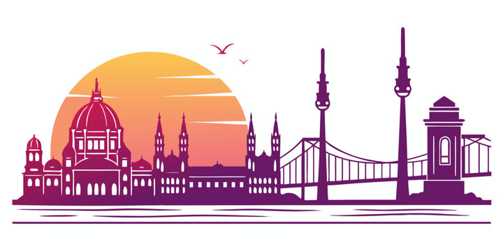 A purple silhouette of a city skyline at sunset Vector