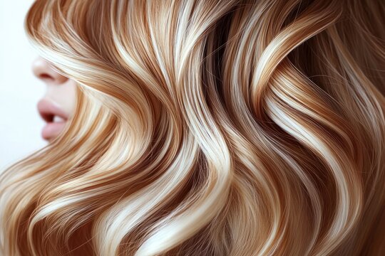 close-up of flowing wavy blonde hair with luminous highlights and silky smooth texture conveying warmth and elegant calm