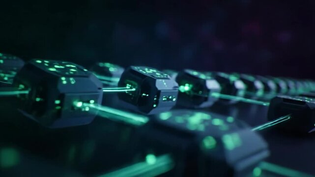 Abstract blockchain network concept with futuristic nodes and laser connections.