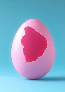 pastel pink egg with a jagged torn hole revealing bright magenta interior standing upright on a smooth cyan background, playful surreal curiosity still life