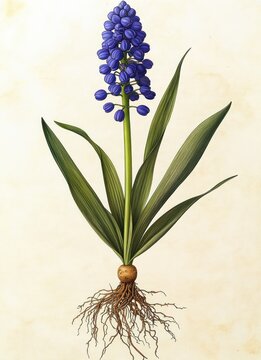 detailed botanical illustration of a single bulb plant with a tall stem of clustered purple bell flowers, long green lanceolate leaves, exposed round bulb and tangled roots, calm and scientific