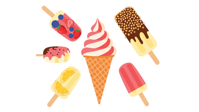 Selection of delicious ice cream treats include fruit popsicles, a swirled soft serve cone, and chocolate covered frozen bars.