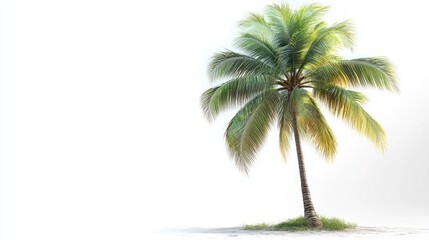 Obraz premium solitary sunlit palm tree with green fronds and leaning trunk on white sandy ground, calm and tranquil tropical mood