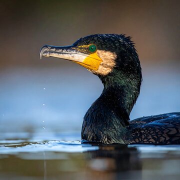 Close-up of a dark-plumed aquatic bird with a hooked beak and striking eye, floating on water