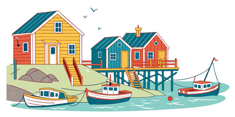 A colorful fishing village with houses and boats Vector © Adobe 