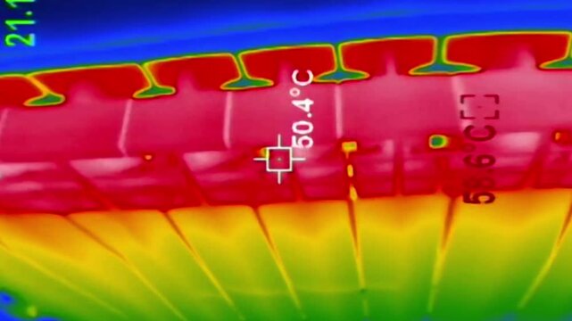 A close-up thermal camera view scans across an industrial heat sink showing intense red areas of high temperature. Concept of energy efficiency, thermodynamics, and industrial safety testing