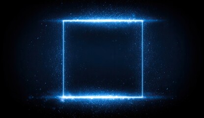 Obraz premium Glowing blue square frame against a dark background, with scattered particles