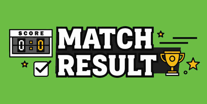 Vibrant Match Result Announcement Graphic with Scoreboard Trophy and Checkmark Vector Illustration