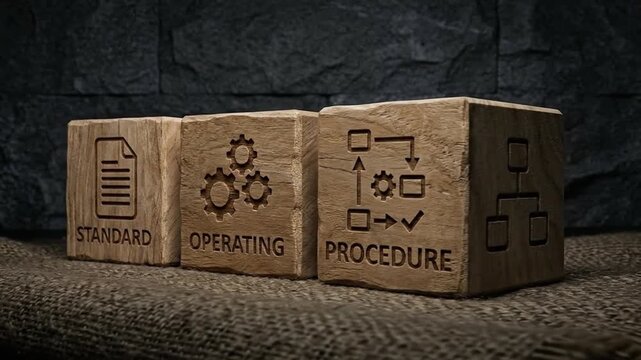 Standard Operating Procedure (SOP) concept. Wooden blocks with icons representing business process guidelines and rules.